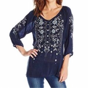 Johnny Was Navy Blue White Floral Embroidered 3/4 Sleeve Tunic Top Size Large